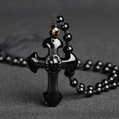 Obsidian Beaded Chain Necklace — Protective Black Cross Pendant for Spiritual Harmony