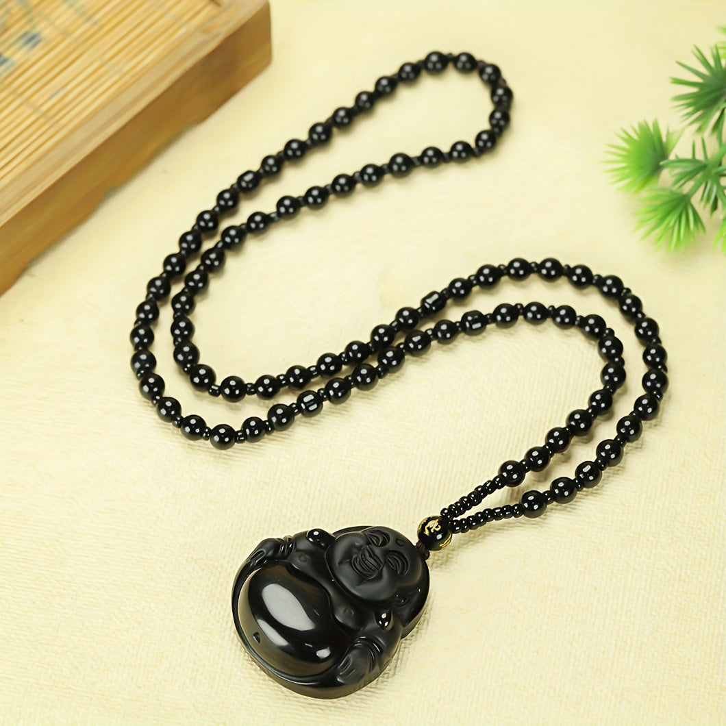 Men's Natural Obsidian Laughing Buddha Pendant Necklace for Protection, Joy, and Grounding