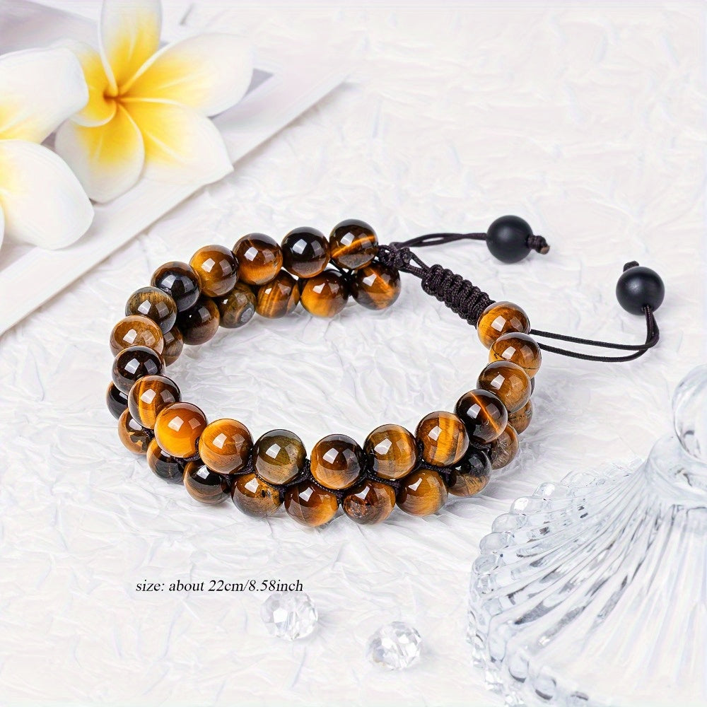 Double Tiger's Eye Beaded Bracelet - Hand-woven Natural Stone for Unisex Energy Balance & Protection