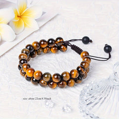 Double Tiger's Eye Beaded Bracelet - Hand-woven Natural Stone for Unisex Energy Balance & Protection