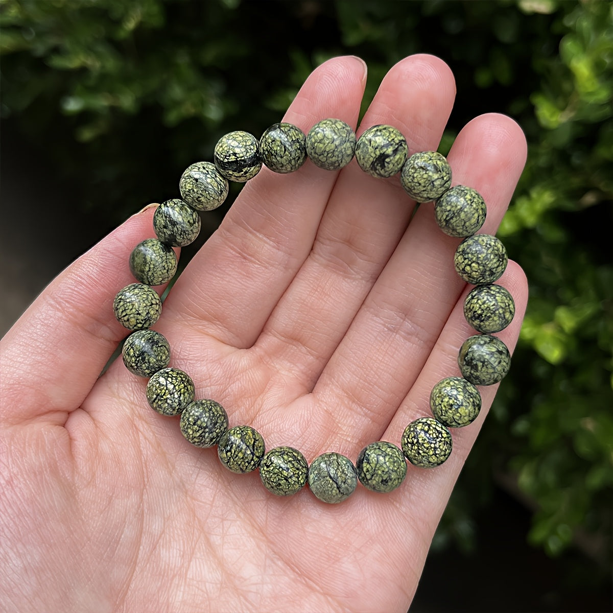 Handmade Natural Green Serpentine Bracelet - 8mm Elastic Fit Beads for Heart Chakra Healing & Prosperity