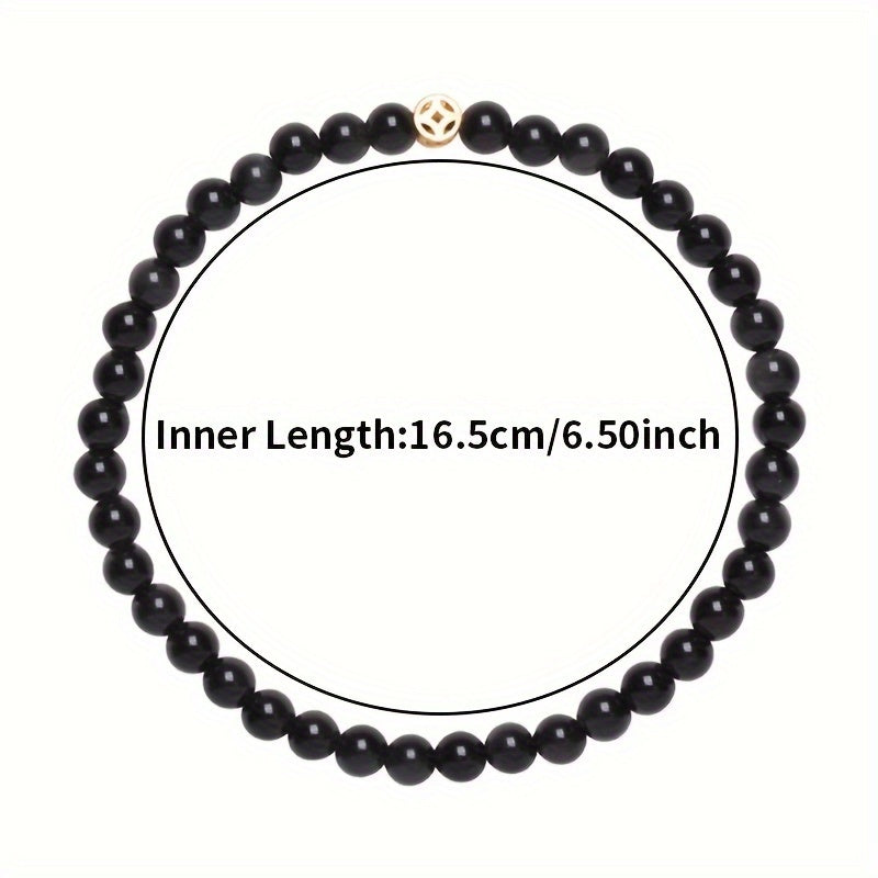 Natural Obsidian Beaded Bracelet - 14K Gold Plated Charm for Wealth Attraction & Spiritual Protection