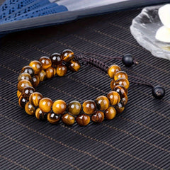 Double Tiger's Eye Beaded Bracelet - Hand-woven Natural Stone for Unisex Energy Balance & Protection