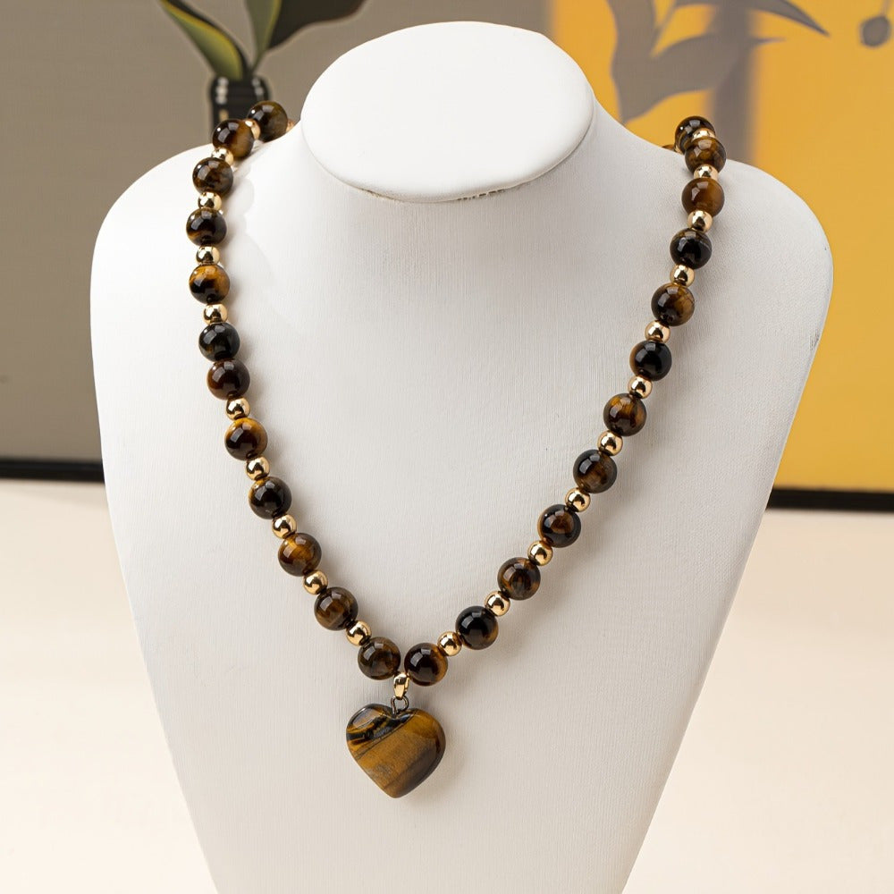 Spring/Summer Retro Maillard Clavicle Chain - Tiger Eye Stone & Golden Beads for Banquet Elegance & Spiritual Harmony
