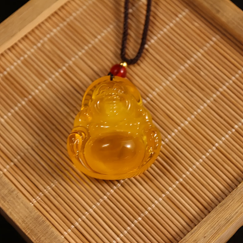 Golden Buddha Amber Necklace for Prosperity, Protection, and Spiritual Peace