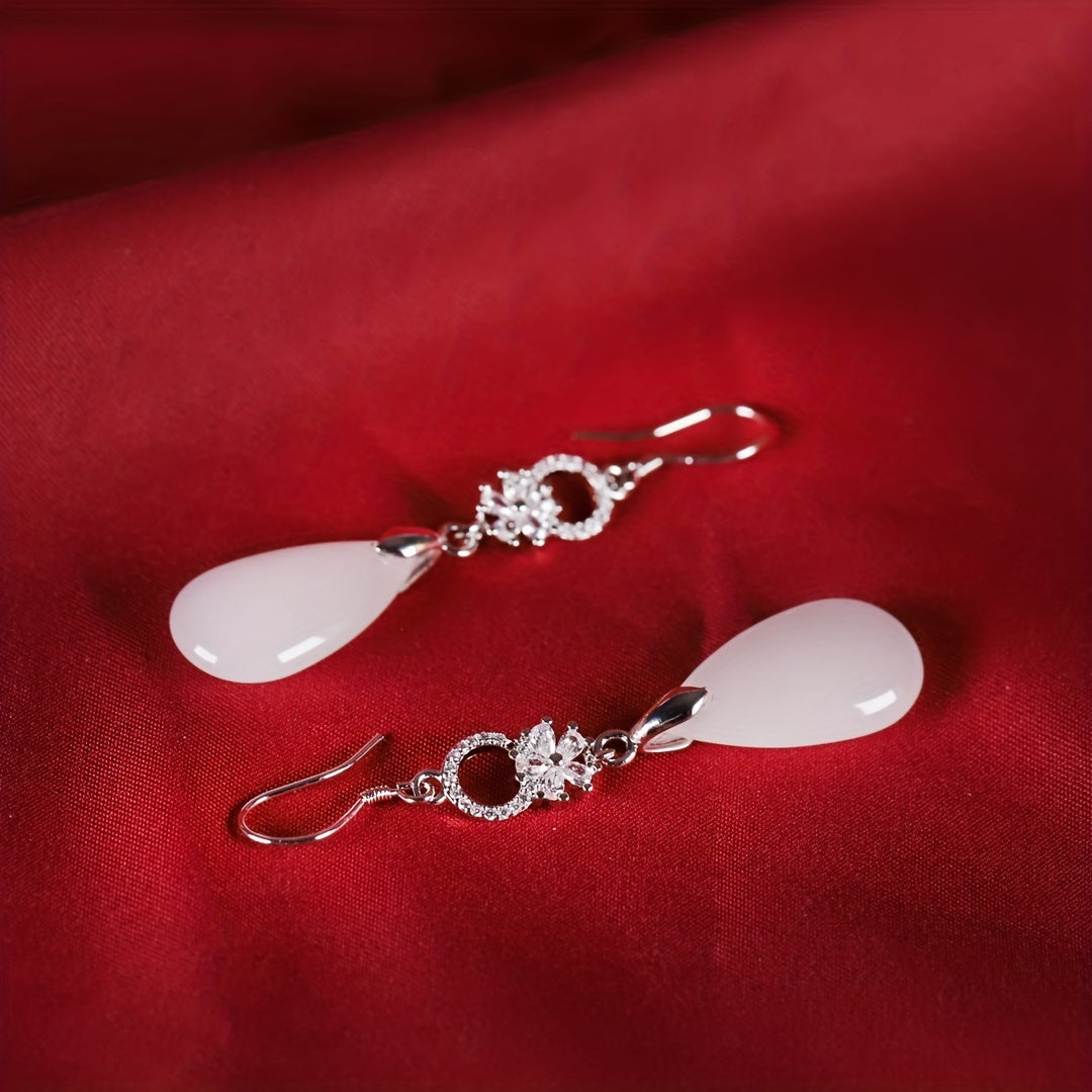 Retro Water Drop Earrings - Silver Accents & White Teardrop Stone for Spiritual Balance & Elegant Wear