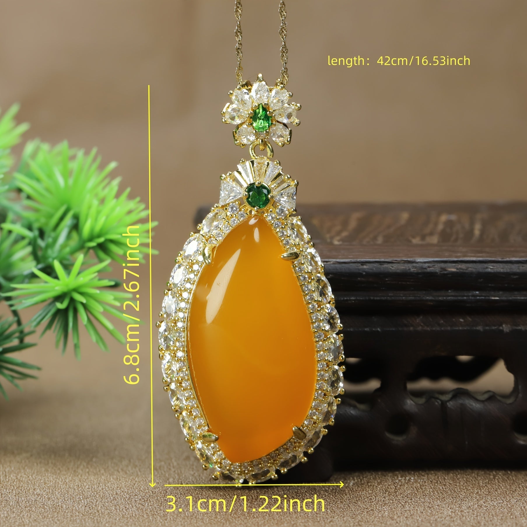 Deep yellow agate pendant with textured chain