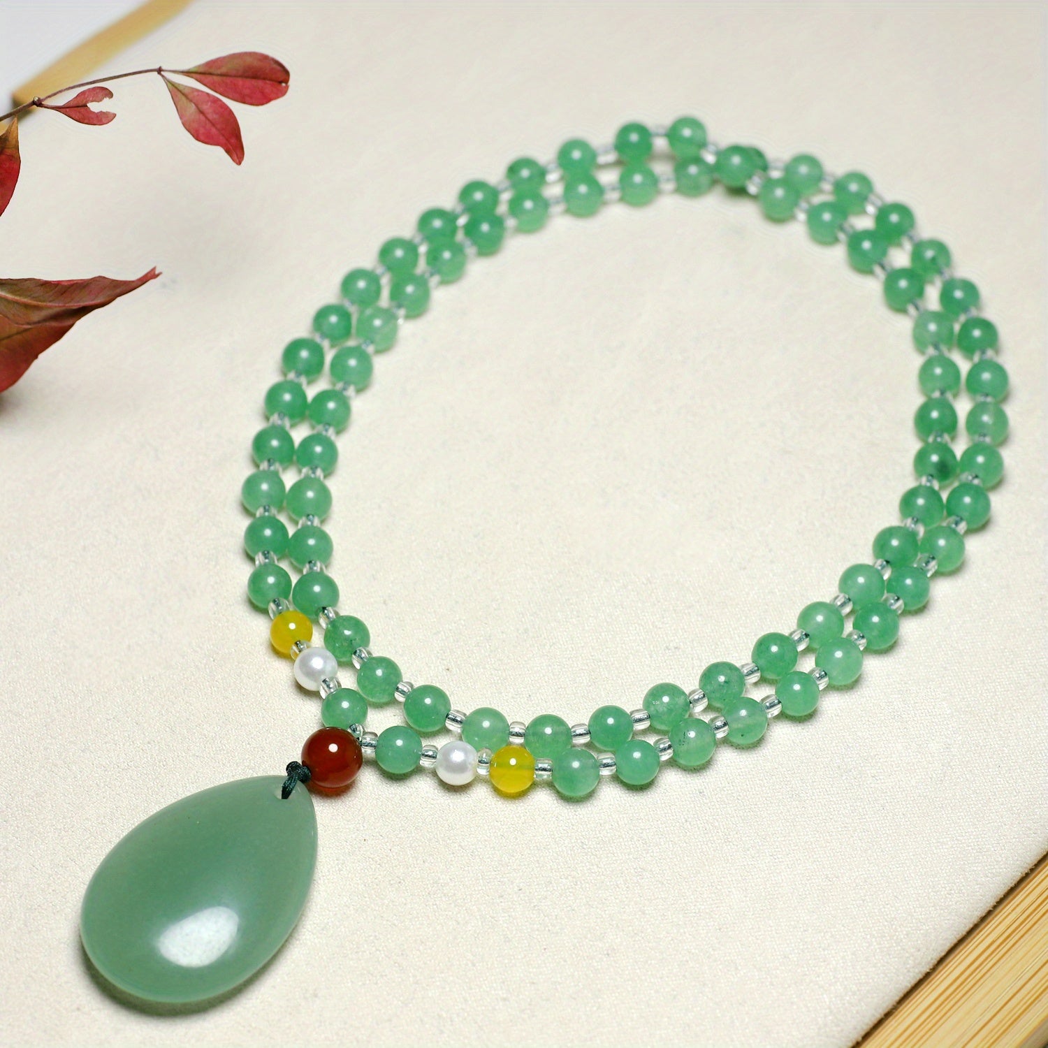 Elegant Faux Jade Teardrop Pendant Necklace - Harmony & Love Pendant with Pearl Accents
