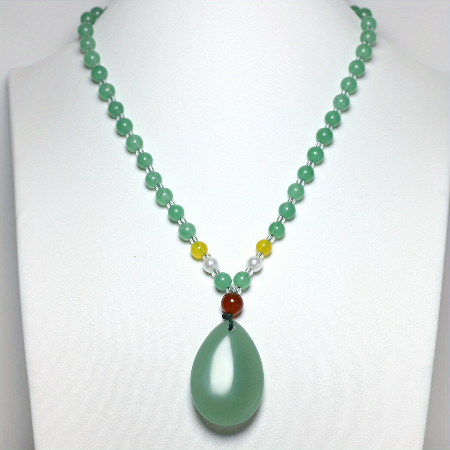 Elegant Faux Jade Teardrop Pendant Necklace - Harmony & Love Pendant with Pearl Accents