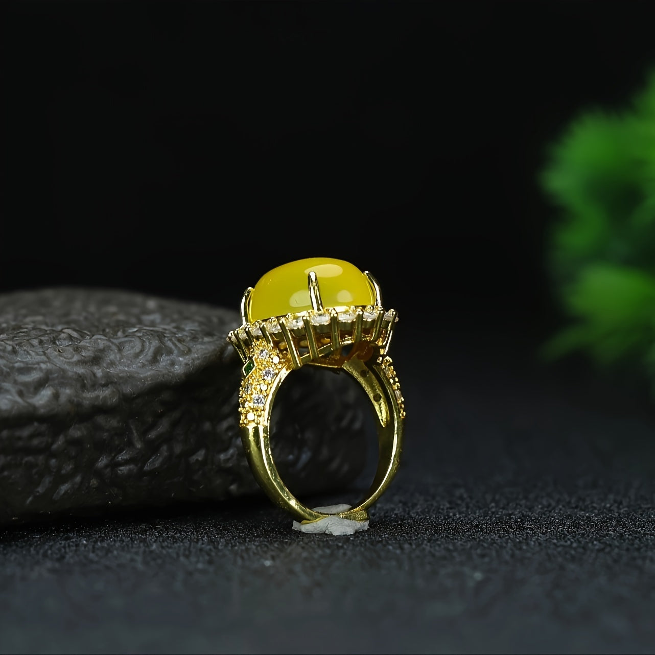 Close up of an agate ring on a hand