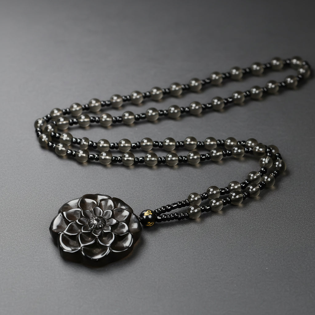 Elegant Natural Obsidian Carved Rose Flower Pendant for Grounding, Protection, and Elegant Style