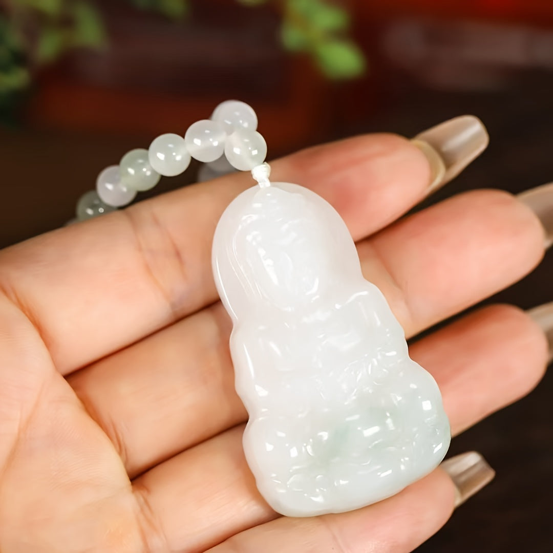 Floral Guanyin Peace Sign Pendant - Compassion & Protection Stone Necklace with Natural Patterns