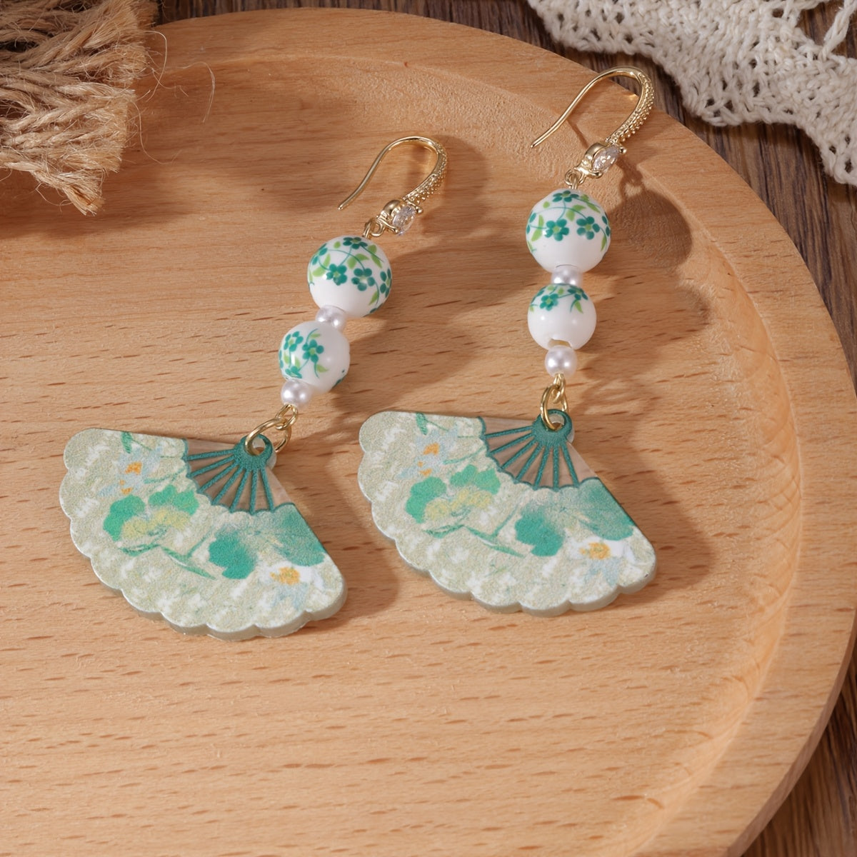 Vintage Blue & White Porcelain Fan Earrings - 925 Silver Posts for Harmony & Casual Elegance