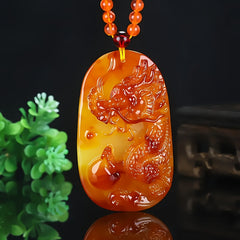 Natural Amber Dragon Pendant Necklace for Men - Uncoated Baltic Amber with Red Beads, Spiritual Protection & Masculine Energy