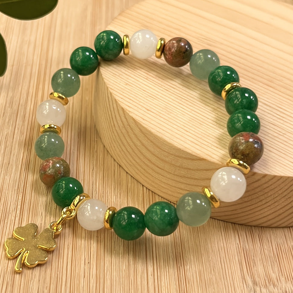 Green Aventurine & Chrysocolla Beaded Bracelet - Four-Leaf Clover Charm for Prosperity & Vintage Bohemian Style