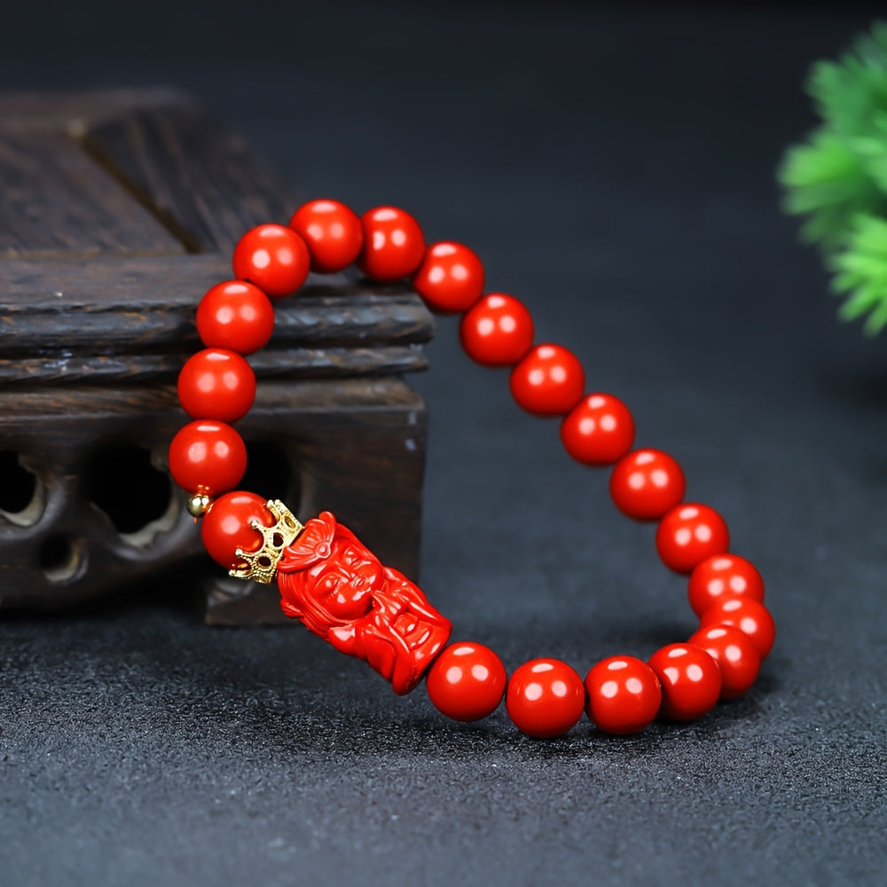 Red Cinnabar Beaded Bracelet with Emperor Dragon Charm for Protection & Prosperity