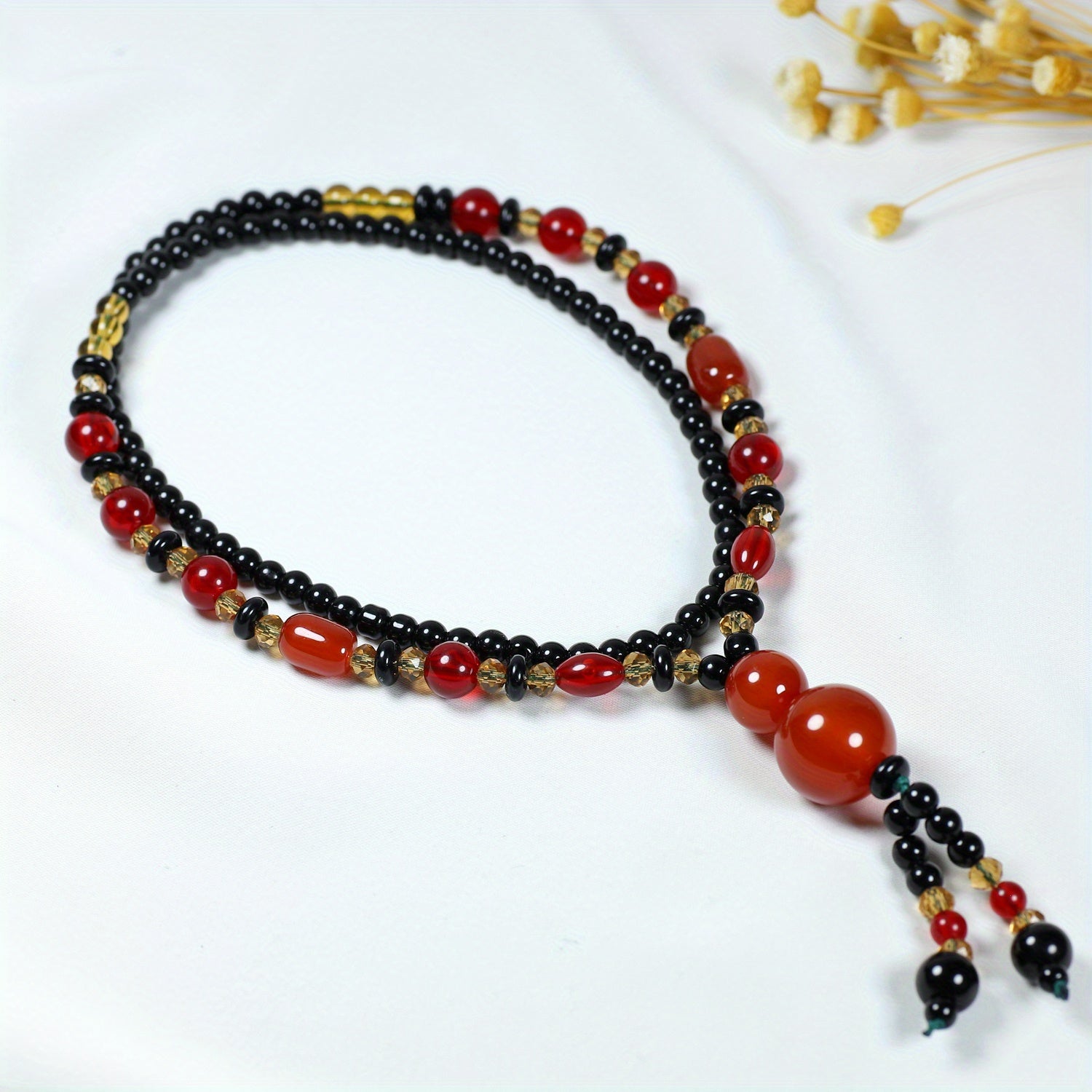 Bohemian Agate Necklace with Red Black Beads Golden Accents Red Spherical Pendant