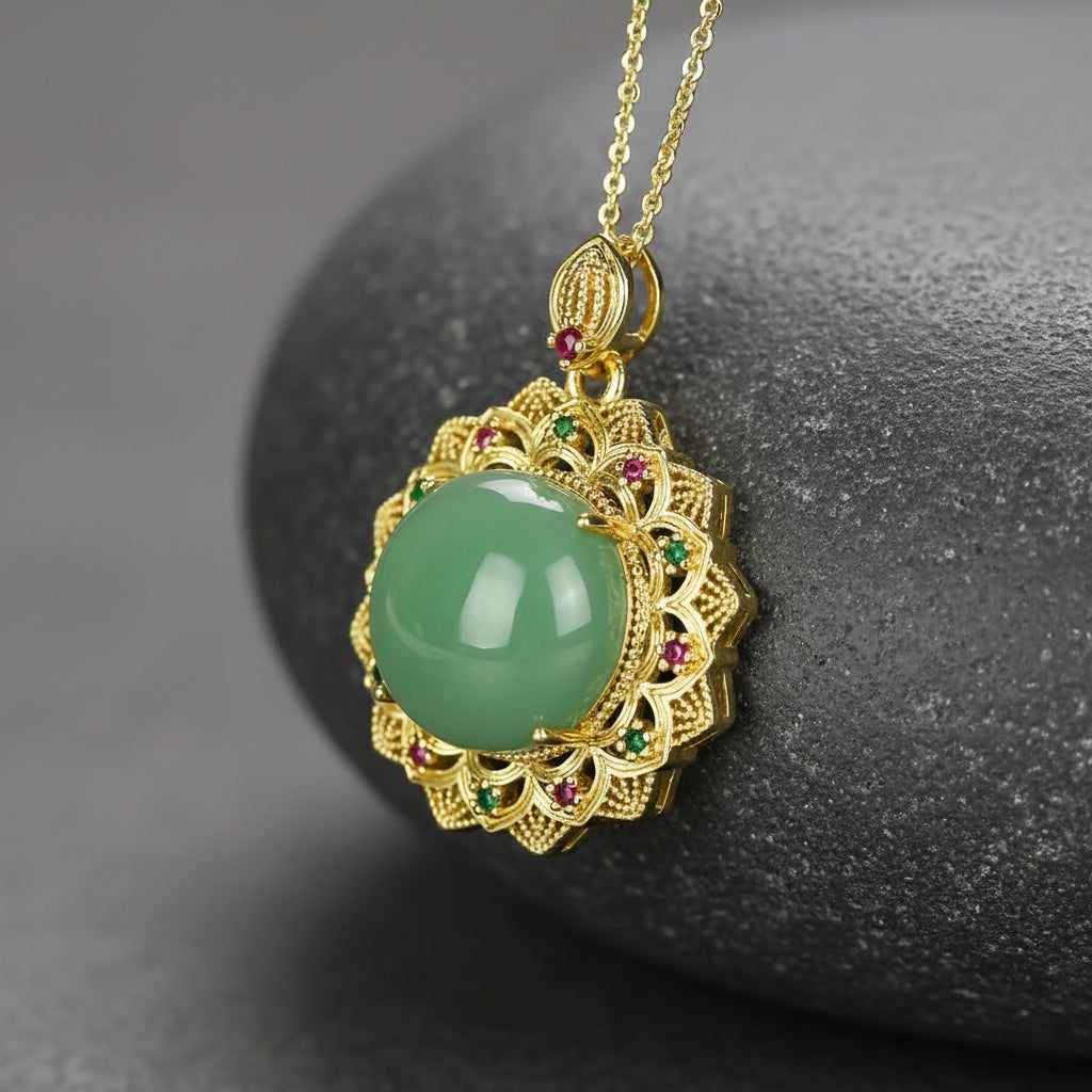 Elegant Natural Stone Filigree Pendant Necklace for Positive Energy and Spiritual Harmony, Vintage Jewelry with Faux Gemstone