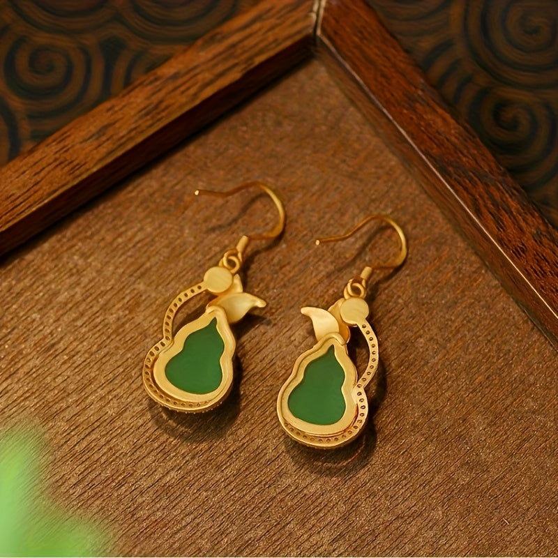 Golden Gourd-Shaped Earrings with Green Stone - Harmonious Energy for Special Occasions