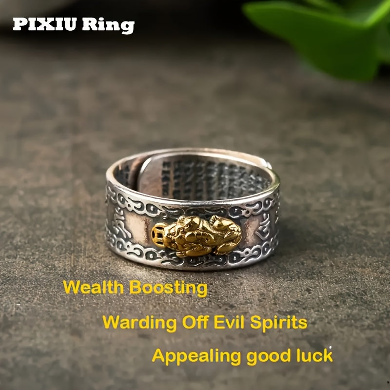 Neutral Feng Shui Ring with Pi Xiu | Silver-Plated Wealth Attraction Talisman for Career Success