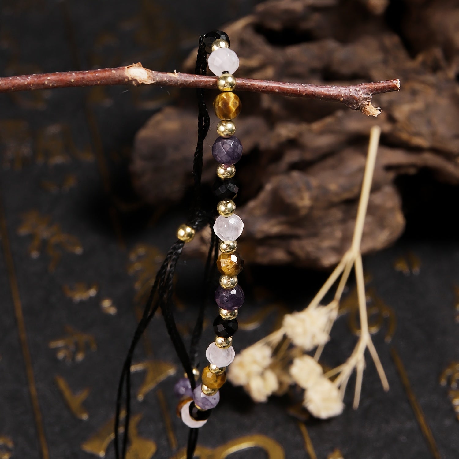 1pc Natural Stone Beaded Bracelet - Purple, Clear Quartz, Golden Tiger Eye & Black Obsidian for Energy Balance & Spiritual Protection