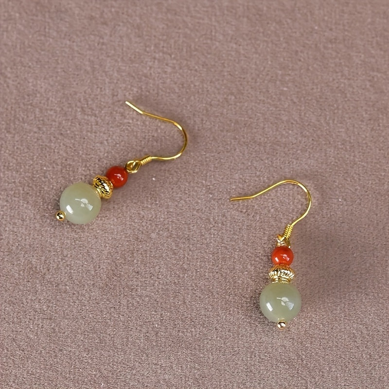 Natural South Red Agate Earrings - Vintage Dangle Design with Green-Red Stone for Energy Balance & Daily Elegance