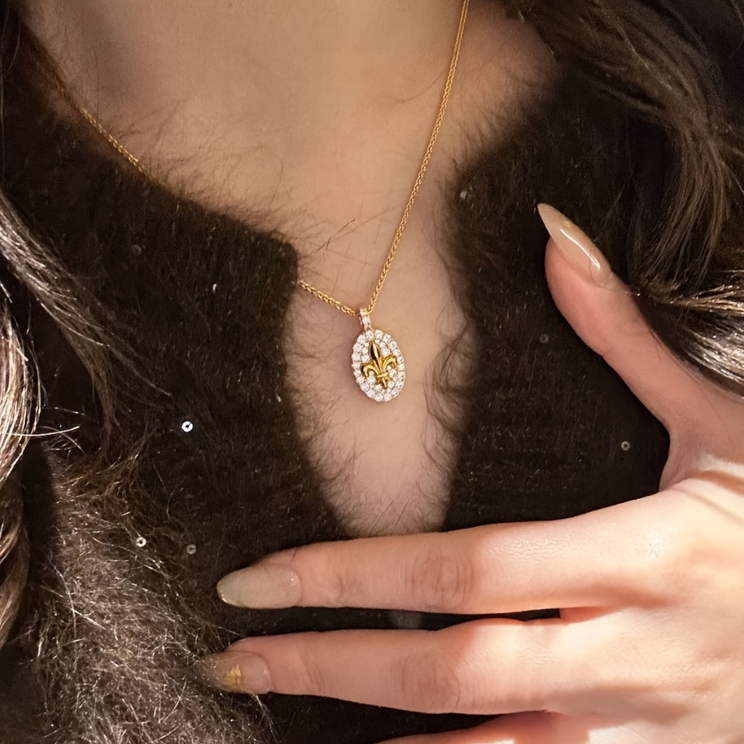 Vintage-Inspired 18K Golden-Plated Synthetic Zirconia Pendant Necklace - Elegant Fleur-de-Lis Design for Spiritual Harmony