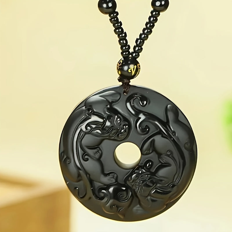 Elegant Obsidian Double Pixiu Pendant Necklace - Natural Stone Amulet for Protection & Prosperity