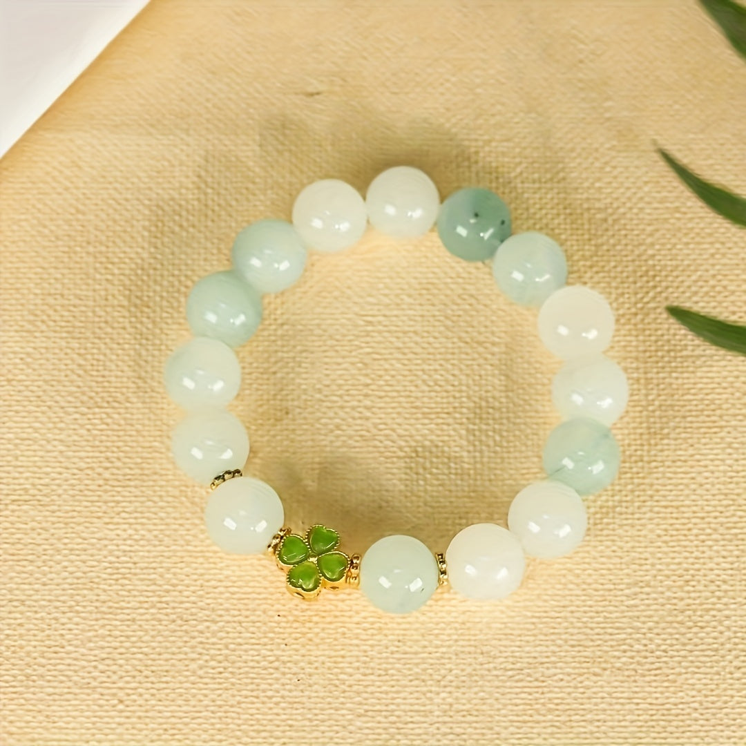 Natural Jade Beaded Bracelet with Four-Leaf Clover Charm for Luck & Serenity