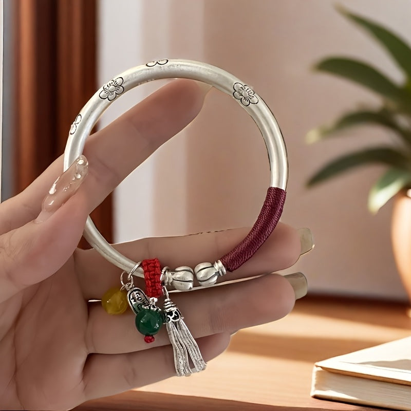 Handcrafted Sterling Silver Energy Bangle — Harmony, Protection & Prosperity with Jade & Agate Charms
