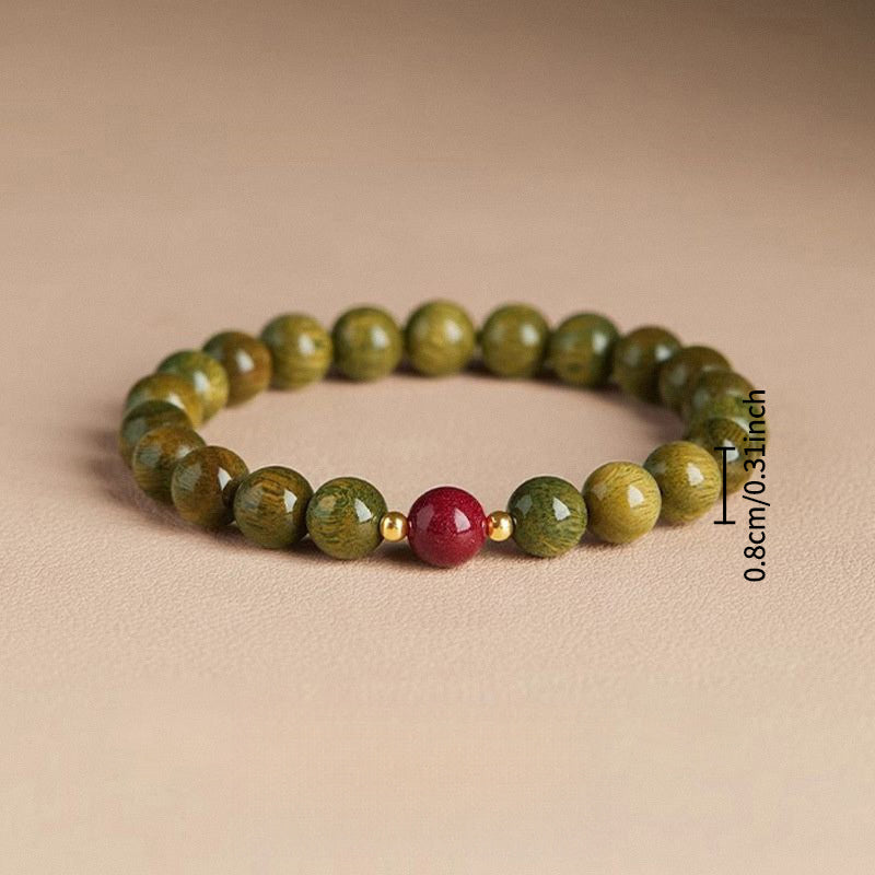 Natural Green Sandalwood Cinnabar Bracelet - Calming Agarwood Cultural Bead for Spiritual Energy