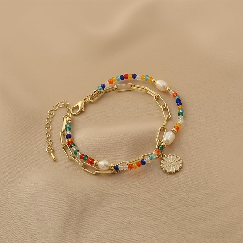 Bohemian Golden-Tone Beaded Bracelet — Joy & Creativity Enhancer with Daisy Charm