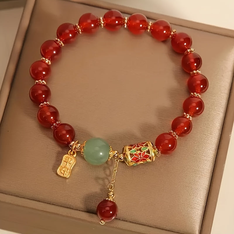 Red Agate & Green Jade Harmony Bracelet – Feng Shui Prosperity & Protection Talisman  - Vintage Bohemian Red Agate Bead Bracelet with Golden-Tone Charm & Green Accent Beads, Unisex Everyday Jewelry Gift for Boyfriend, Girlfriend, Best Friend