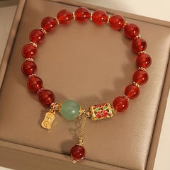 Red Agate & Green Jade Harmony Bracelet – Feng Shui Prosperity & Protection Talisman  - Vintage Bohemian Red Agate Bead Bracelet with Golden-Tone Charm & Green Accent Beads, Unisex Everyday Jewelry Gift for Boyfriend, Girlfriend, Best Friend