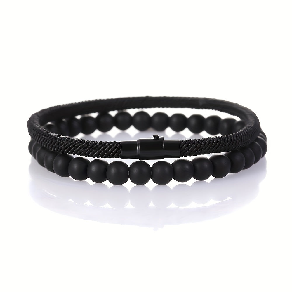 2pcs Minimalist Natural Stone Bracelet Set - Grounding Energy for Men's Daily Wear
