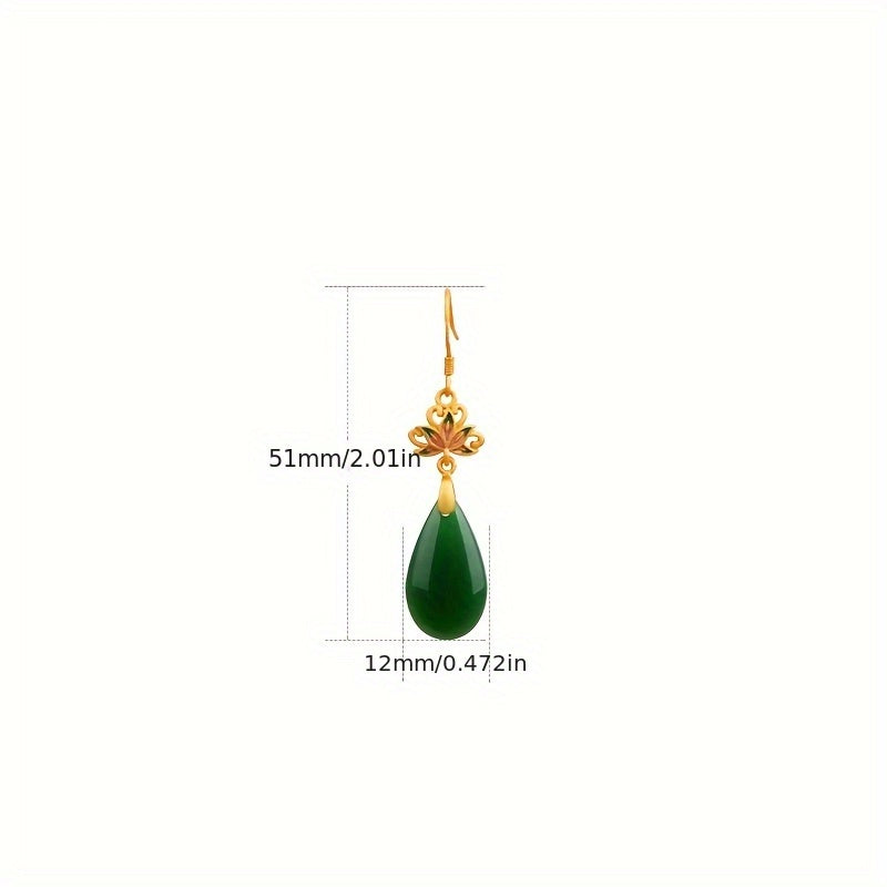Golden-Plated Green Synthetic Stone Dripping Earrings Spiritual Energy Prosperity Charm for Dating & Vacation