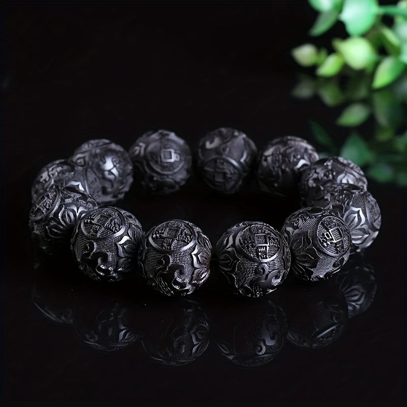 1pc 20mm Hand-Carved Wooden Beads Bracelet - Prosperity Charm for Spiritual Harmony
