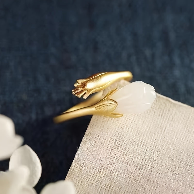 Vintage Orchid Blossom Ring in Natural Lamb Fat White, Elegant 925 Silver Jewelry for Purity, Love, and Spiritual Growth