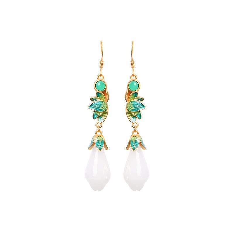 Vintage Inspired Teardrop Earrings with Synthetic White Jade Turquoise Accents Daily Wear Vacation Energy Enhancing July Birthstone Jewelry