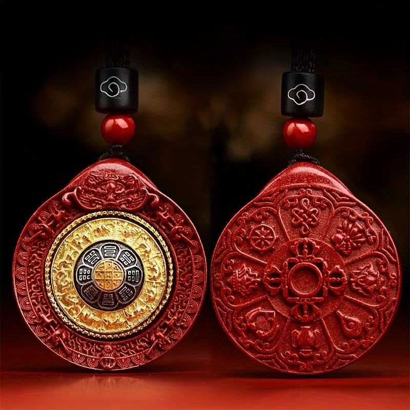 Boho Style Cinnabar Stone Eight Trigrams Pendant Necklace - Tibetan Amulet for Good Fortune & Protection