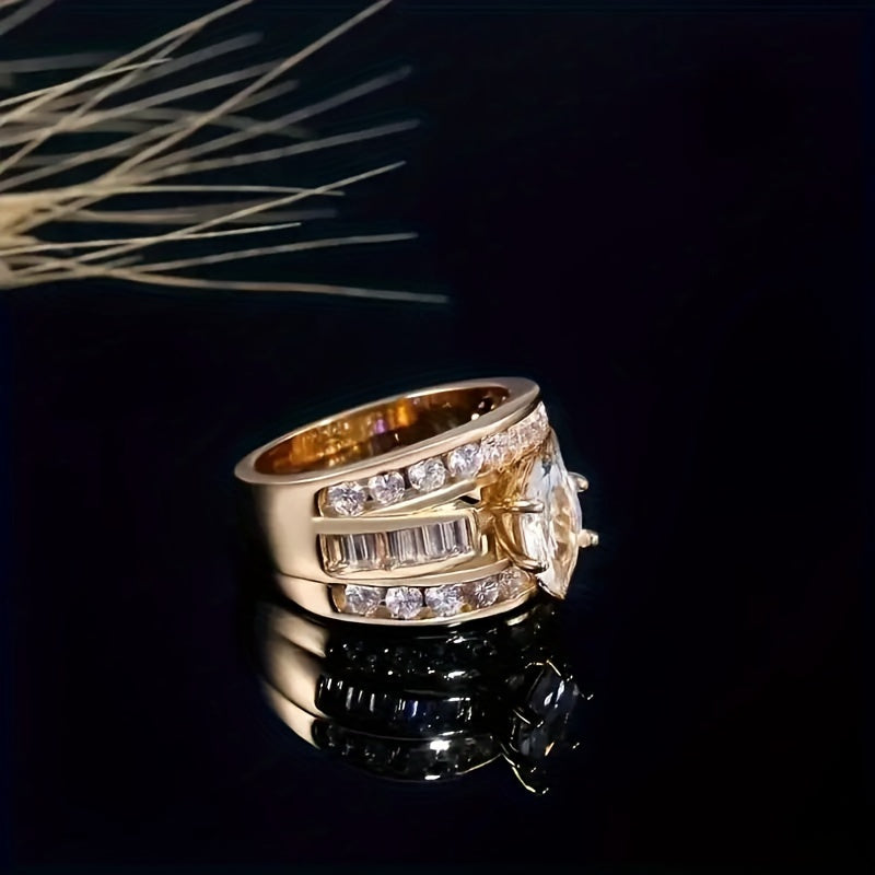 Luxurious Antique Gold Men's Zirconia Ring - European Style Sparkling Wedding Band for Prosperity & Love