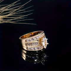Luxurious Antique Gold Men's Zirconia Ring - European Style Sparkling Wedding Band for Prosperity & Love