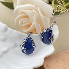 Natural Stone Lapis Lazuli Earrings - Blue Rhinestone Drops for Spiritual Clarity & Elegant Wear