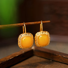 Golden Earrings with Square Yellow Jade - Noble Design for Daily Wear & Spiritual Energy