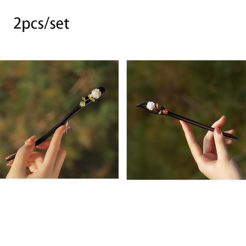 Elegant 2-Piece Rose Hair Clip Set - Wood Design with Natural Energy Flow for Mindful Adornment