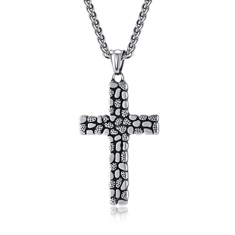 "Retro Pebble Titanium Steel Cross Necklace — Spiritual Protection & Inner Strength