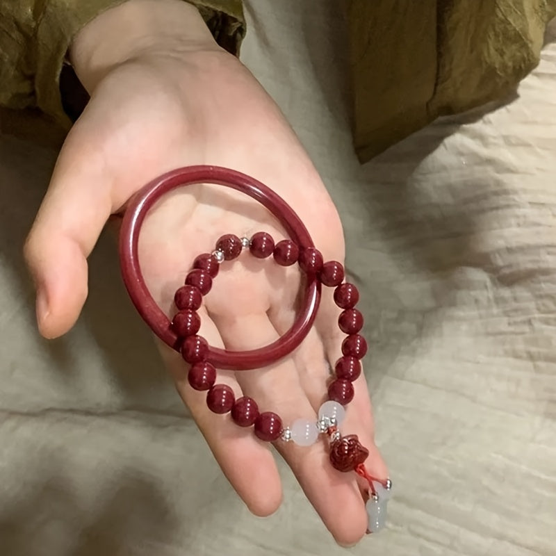 Vintage Chinese Lion Beaded Bracelet - Bohemian Style with Red & Clear Beads for Harmony & Prosperity