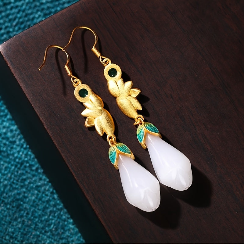 Vintage Inspired Teardrop Earrings with Synthetic White Jade Turquoise Accents Daily Wear Vacation Energy Enhancing July Birthstone Jewelry