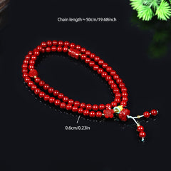 Elegant Red Cinnabar Bead Bracelet & Necklace Set - Multi-Strand Hand-Woven for Fortune & Spiritual Protection