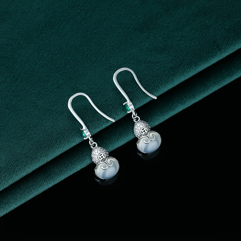 925 Silver Plated Jade Gourd Earrings Spiritual Energy Prosperity Charm for Chinese Vacation & Daily Wear